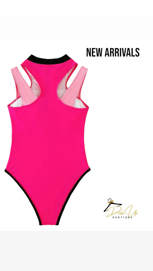 Hot Pink Color Block One Piece Swimsuit