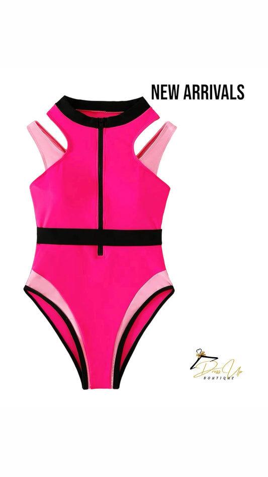 Hot Pink Color Block One Piece Swimsuit